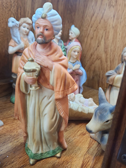 Vintage Homeco 5216 Nine Piece Bisque Porcelain Nativity set