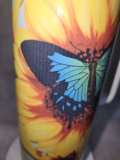 20 oz stainless steel, insulated, tumbler with handle Sunflower  & Butterflies