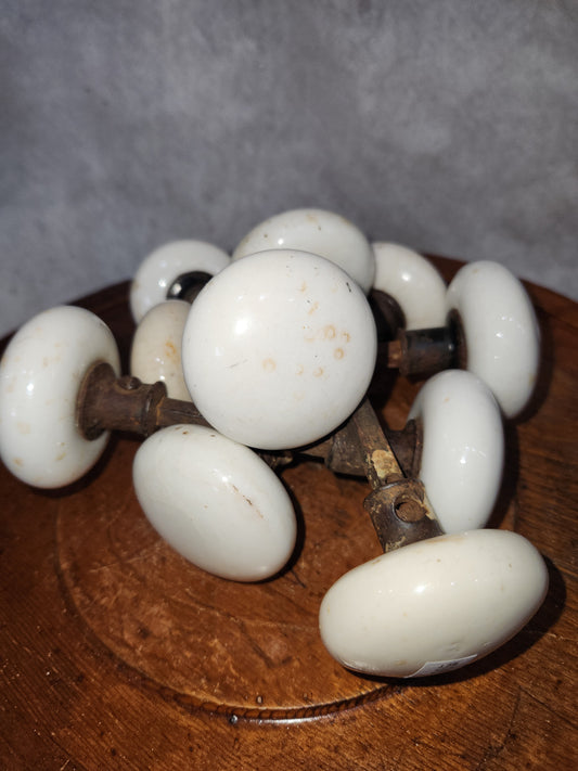 Vintage Antique ONE set of White Porcelain door knobs kn15. Recieve ONE set of 2 knobs attached to a stem