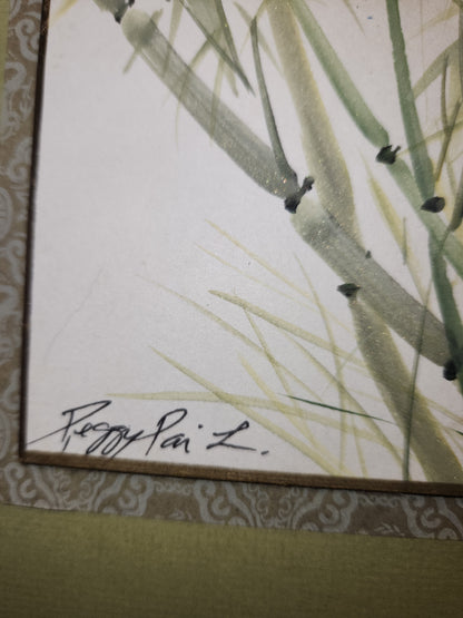 Vintage Peggy Pai Laughlin Framed Mixed Medium Painting B Hawaii Bamboo Dedicated by Artist 9 x 12 Frame