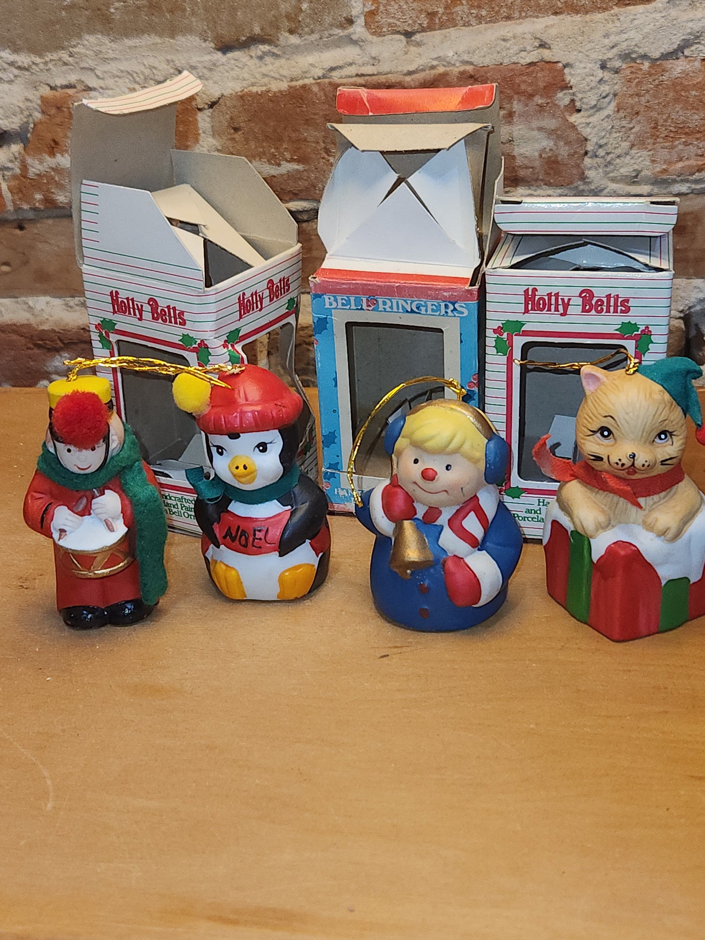 Vintage 3 Giftco Holly Bells and 1 BOA Ring-a-Lings Porcelain Bell Ornaments Set of 4