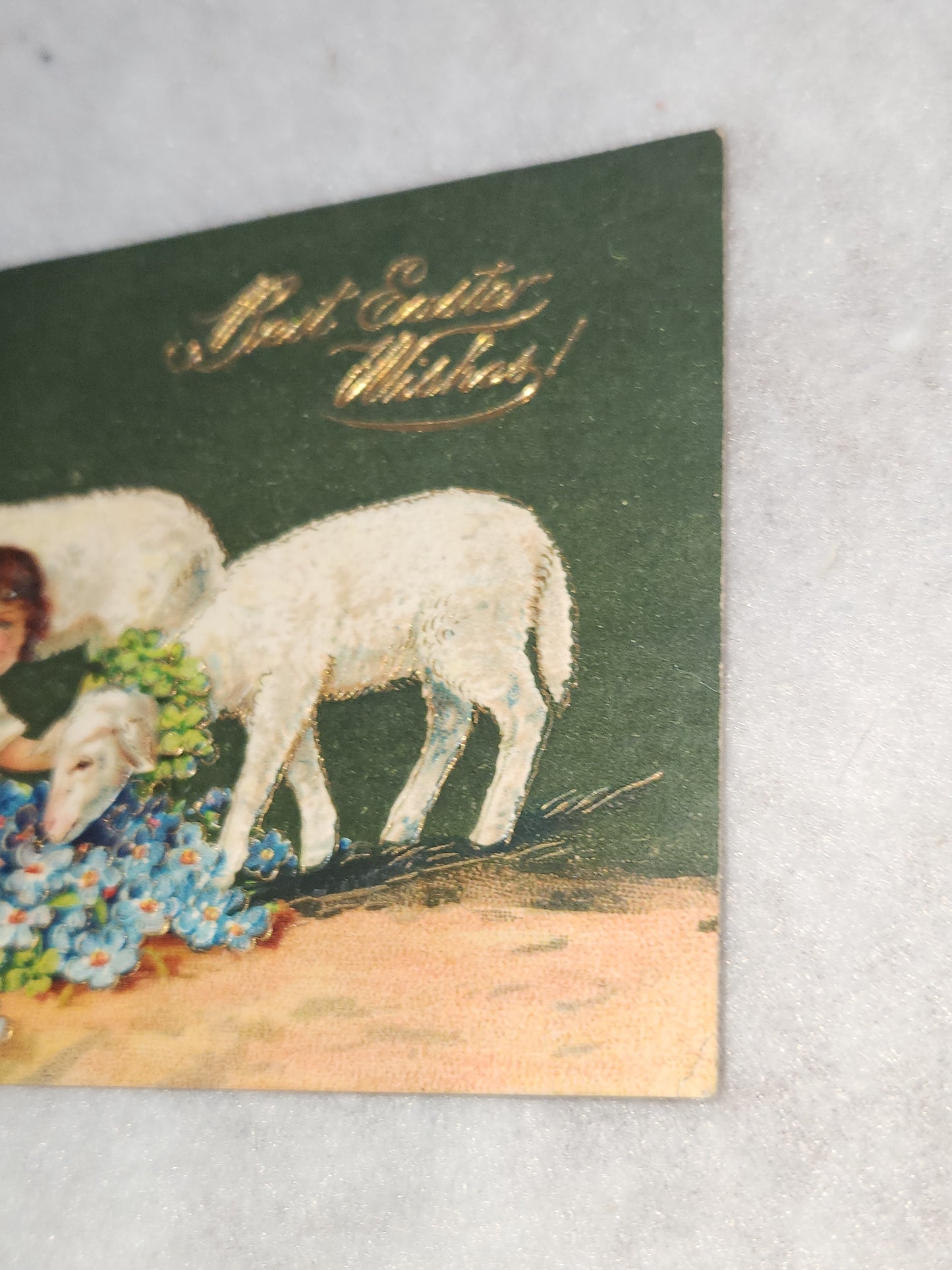 Vintage Embossed Easter Postcard Children Lamb Flower Best Easter Wishes Made in Germany pc12
