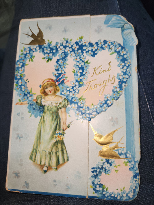 Antique Tuck & Sons Valentines Day Greeting Card Girl, gold birds, blue flowers, Kind Thoughts