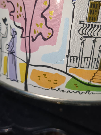 1958 vintage Tin Mrs. Leland's Old Fashioned Golden Butter Bits Horse and Carriage house girl & hoop tin347