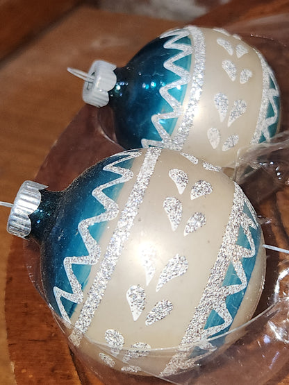 Vintage Shiny Brite Set of 4 Glass Ornaments with Same Design with Silver Stripes and Mica Accents. 2 Matching Gold and 2 Matching Blue sb6