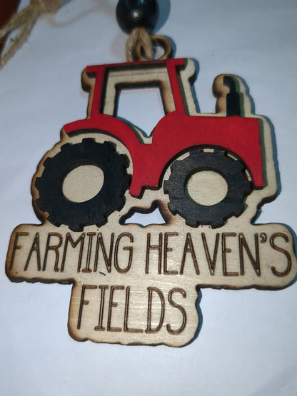 Ornament or car charm memorial red tractor "Farming Heaven's Fields"