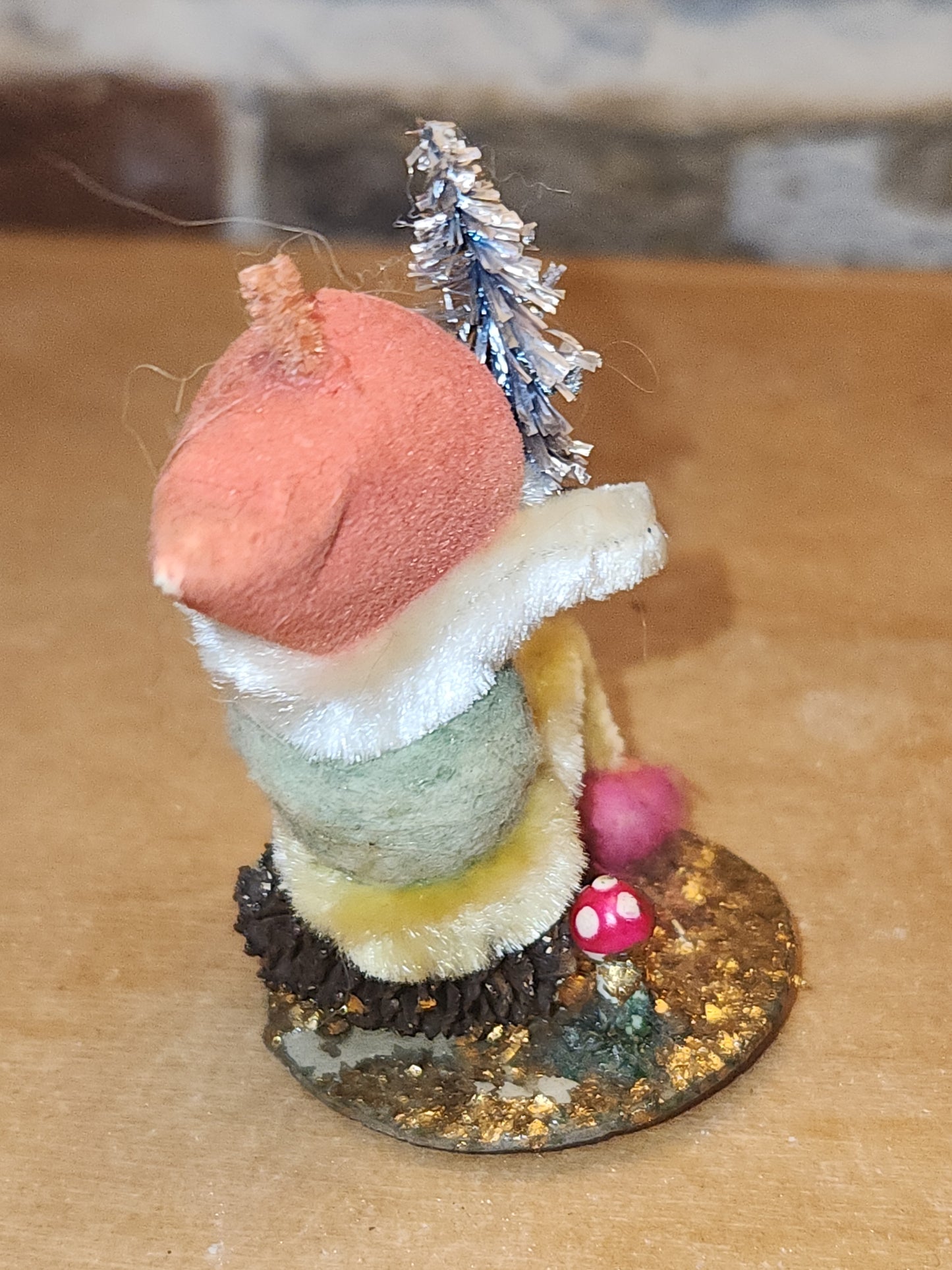 Vintage Spun Cotton Dwarf or Elf with Chinelle Bottle Brush Tree Pinecone and Mushroom Japan elf11