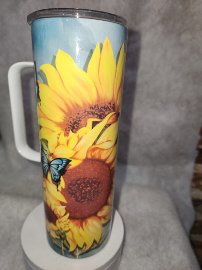 20 oz stainless steel, insulated, tumbler with handle Sunflower  & Butterflies