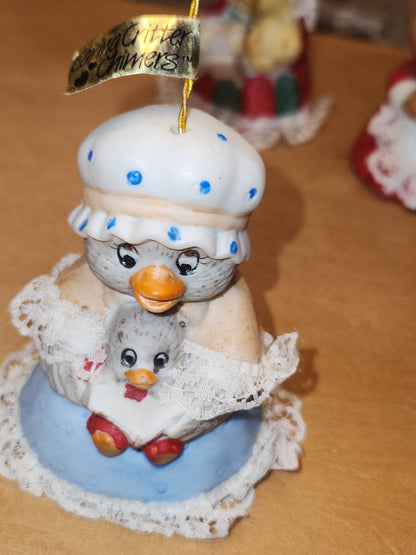 Vintage Jasco L'll Chimers Critter Ornament Bells With Lace Trim Bear Baking, Grandma Bear, Goose porcelain