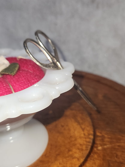 Assemblage Vintage Small Anchor Hocking Old Colony Lace Edge Milk Glass Pedestal Compote Candy pin cushion asm5