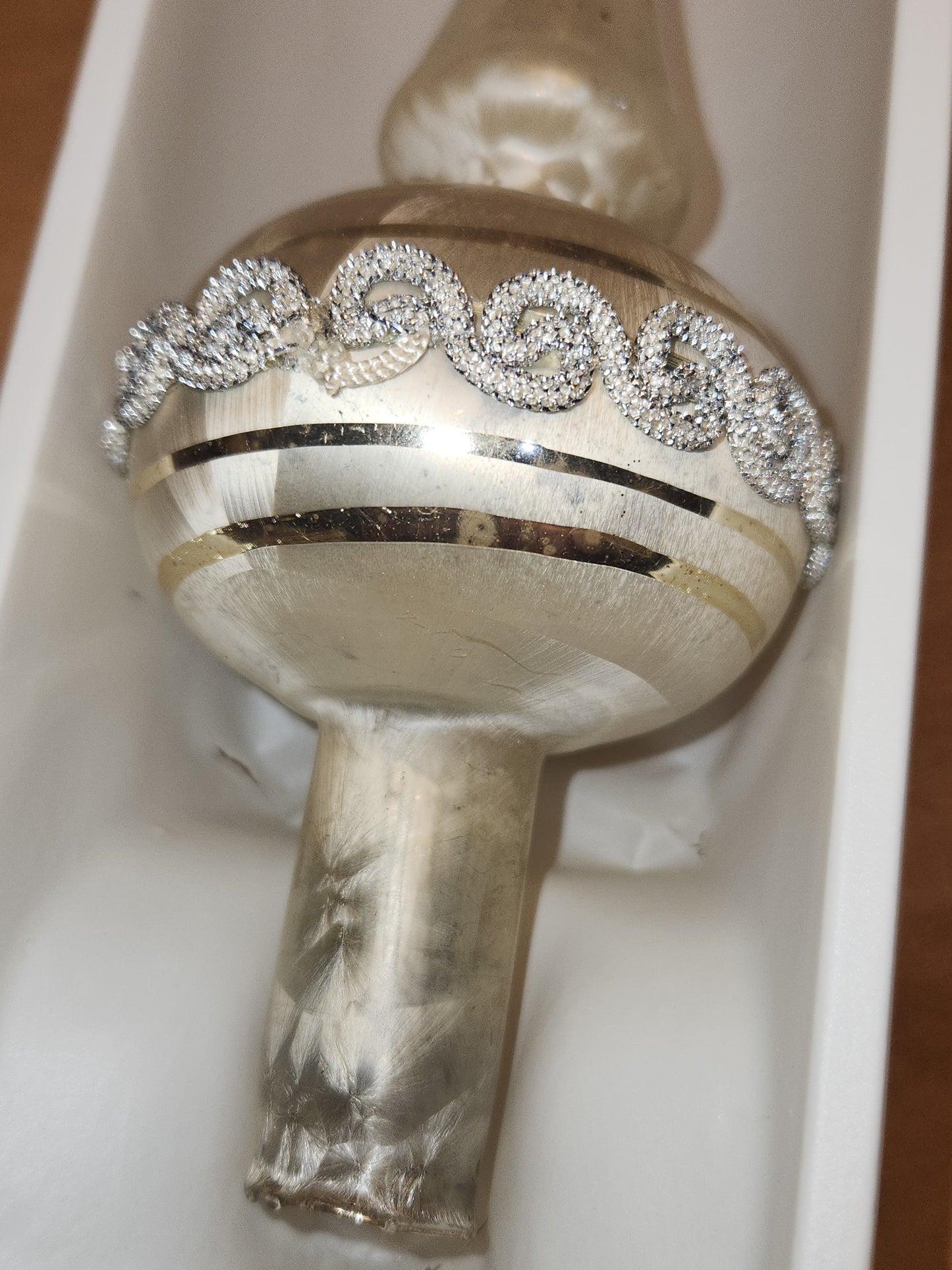 Vintage Rauch Hand Blown Mercury Glass Tree Topper White Gold Glass with Box Box tt11