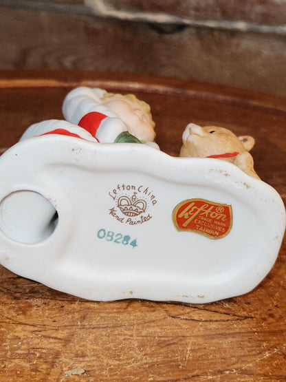 Vintage Lefton Christmas Figurines Girl Holding Gifts And Bear ch6