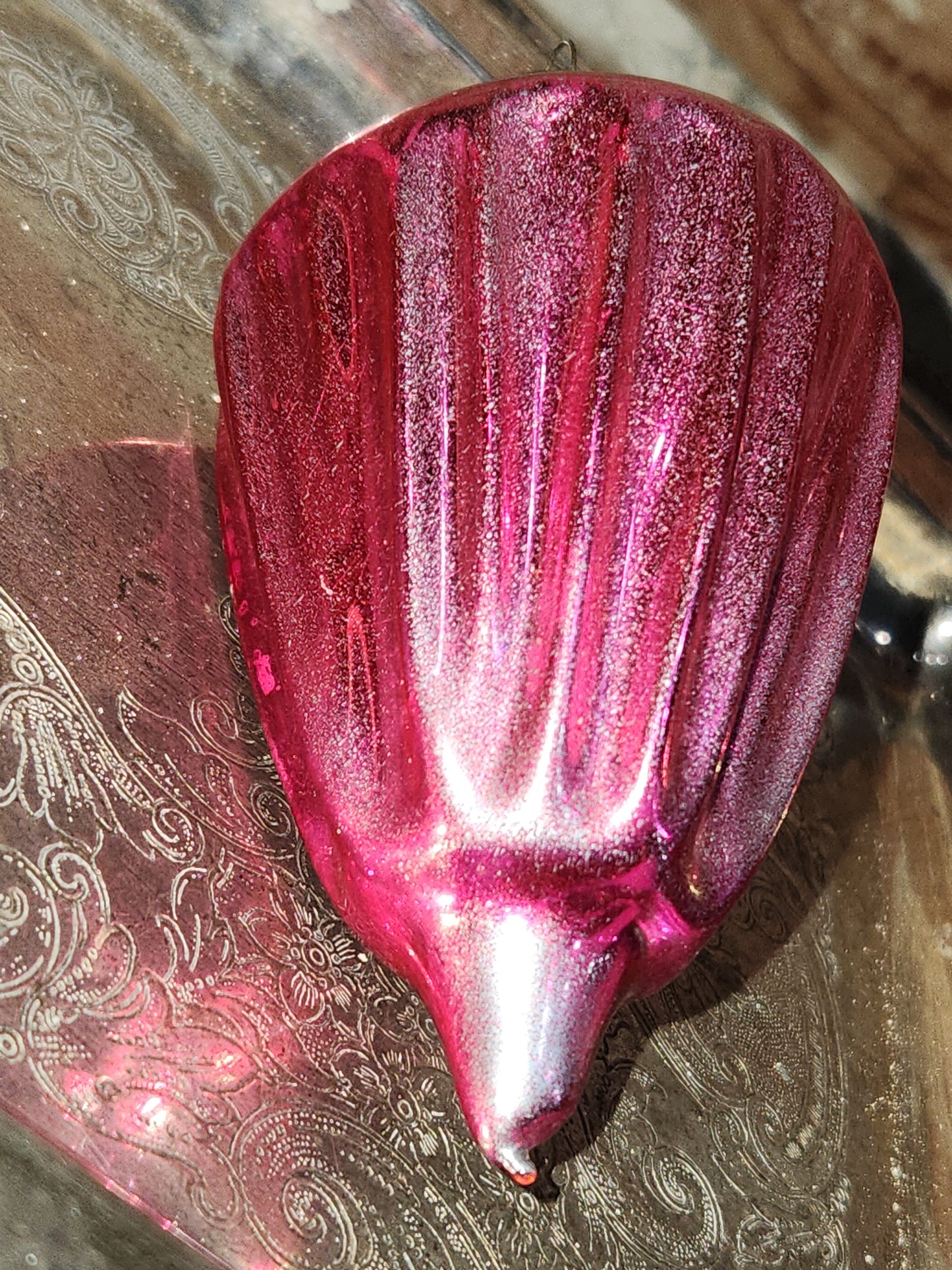 Vintage Shiny Brite Parachute Glass Ornament Hot Pink Made in USofA AS IS O1