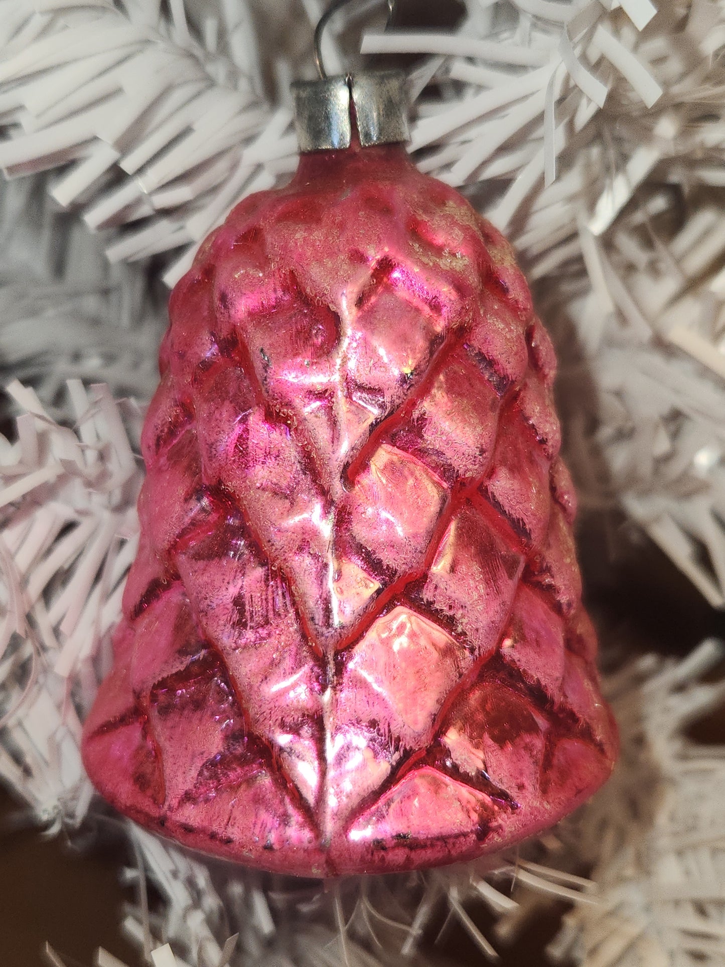 Vintage Antique Pinecone Hot Pink Bell Christmas Ornament Germany GLOWS vo2