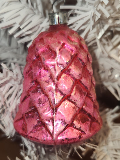 Vintage Antique Pinecone Hot Pink Bell Christmas Ornament Germany GLOWS vo2