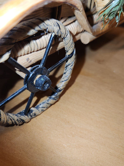 Vintage Bethany Lowe Santa Claus Wearing Wool in a Woven Sleigh With Toys AS IS s90