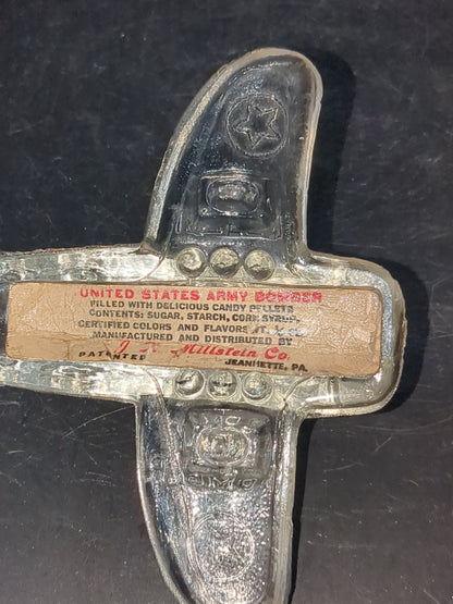 Vintage 1940s Jeanette Glass WWII  US Army Bomber glass candy container with original label Figural glass airplane candy gl123