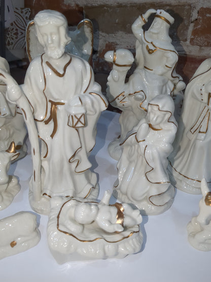 JCPenny porcelain white and gold nativity set