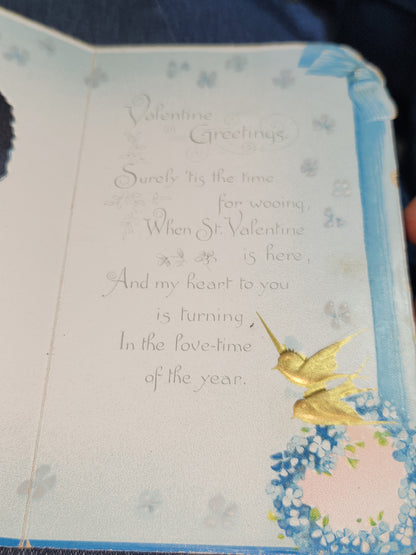 Antique Tuck & Sons Valentines Day Greeting Card Girl, gold birds, blue flowers, Kind Thoughts