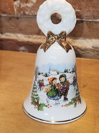 Vintage Avon Christmas Bell 1986 Porcelain Collectible Children Ice Skating