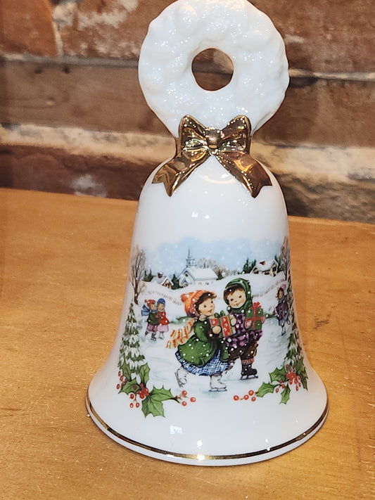 Vintage Avon Christmas Bell 1986 Porcelain Collectible Children Ice Skating