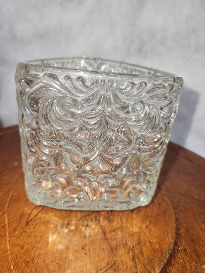 Avon Pressed Glass Triangle Shaped Clear Swirl candle holder vase Collectible av919