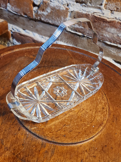 Vintage Anchor Hocking Cut Glass Butter Dish with Metal Handle kit70