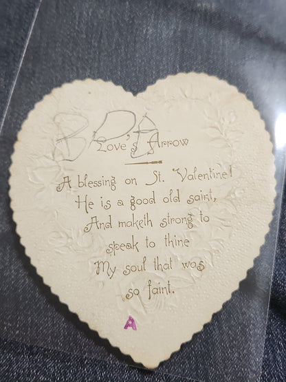 Antique Valentine Card Die-Cut Embossed Heart with Birds and Roses