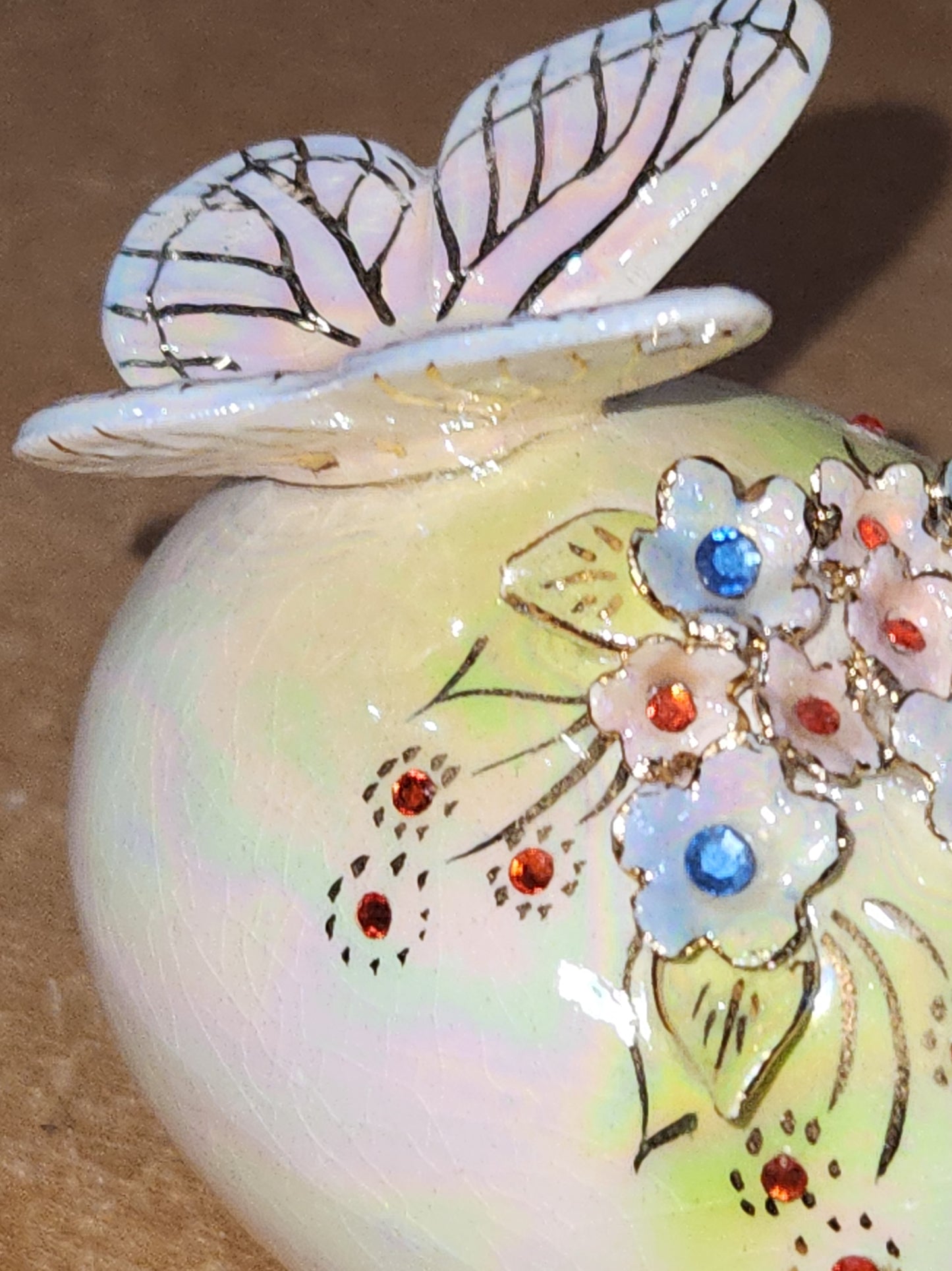 Vintage Porcelain Egg with 3D Butterfly, Flowers and Leaves Gold Accents. Eg6