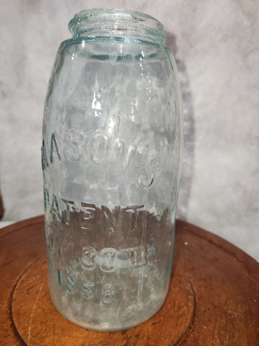 Vintage Light Aqua Blue 1/2 Gallon Embossed Mason's Patent Nov. 30th 1858 jar54