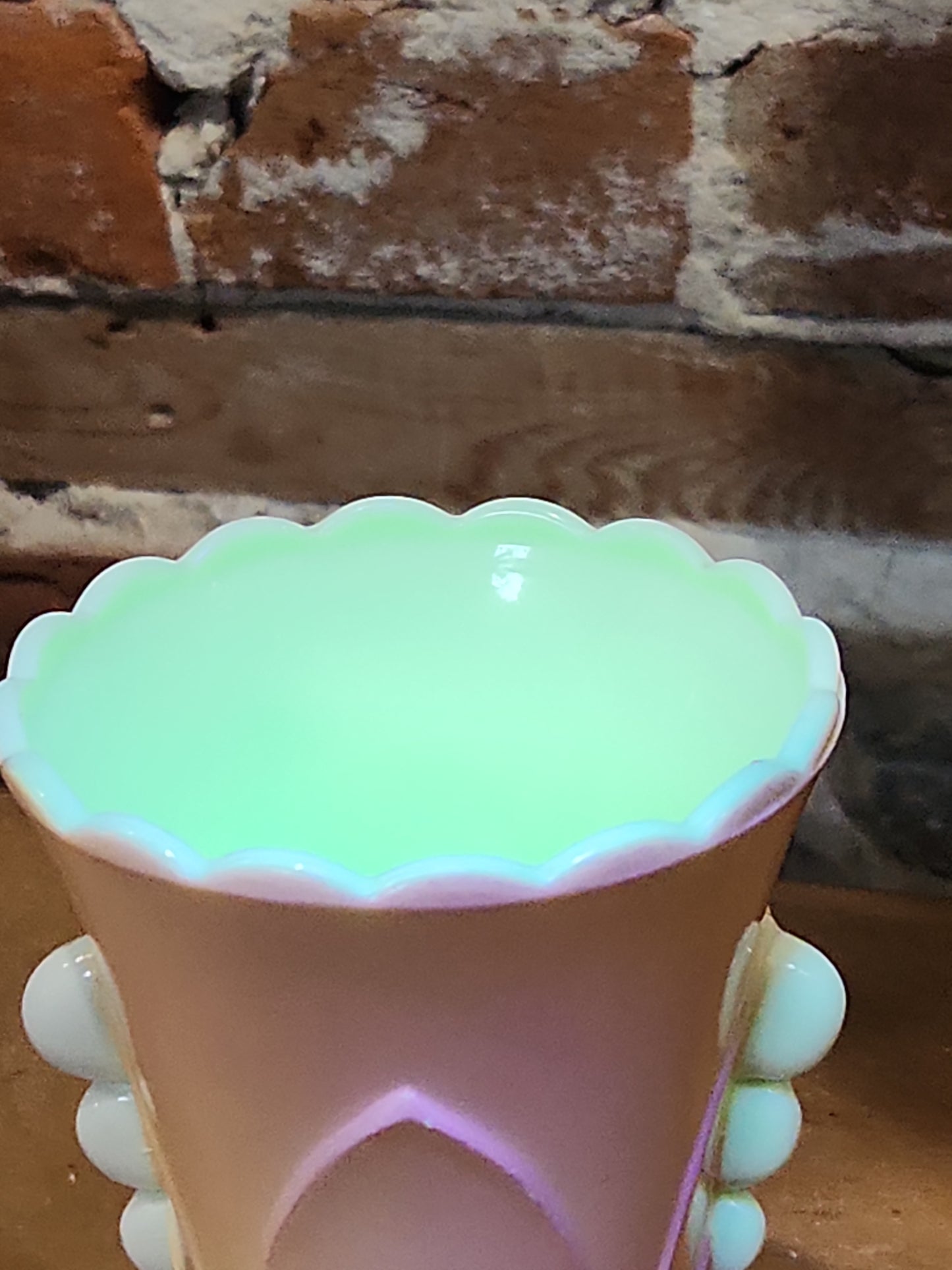 Vintage Vitrock Uranium Glass Vase Peach and White Scalloped Edges Beaded Handles Art Deco Vase GLOWS GREEN gl90