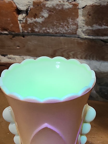 Vintage Vitrock Uranium Glass Vase Peach and White Scalloped Edges Beaded Handles Art Deco Vase GLOWS GREEN gl90