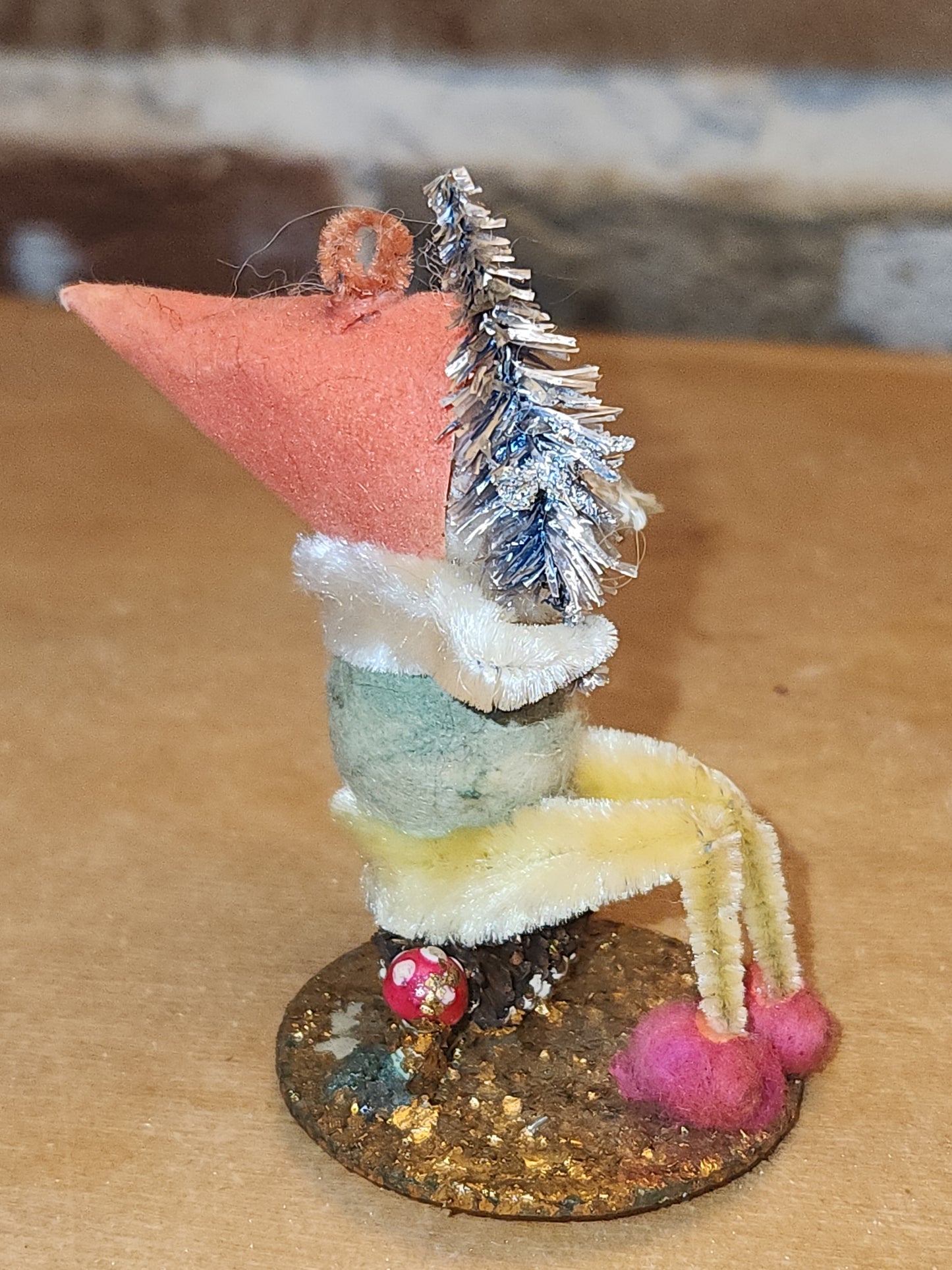 Vintage Spun Cotton Dwarf or Elf with Chinelle Bottle Brush Tree Pinecone and Mushroom Japan elf11