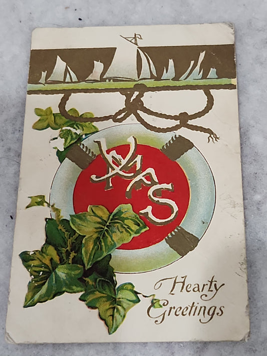 Antique Christmas Postcard Heaty Greetings with Sailboats and Life Preserver 1910 not mailed pc66
