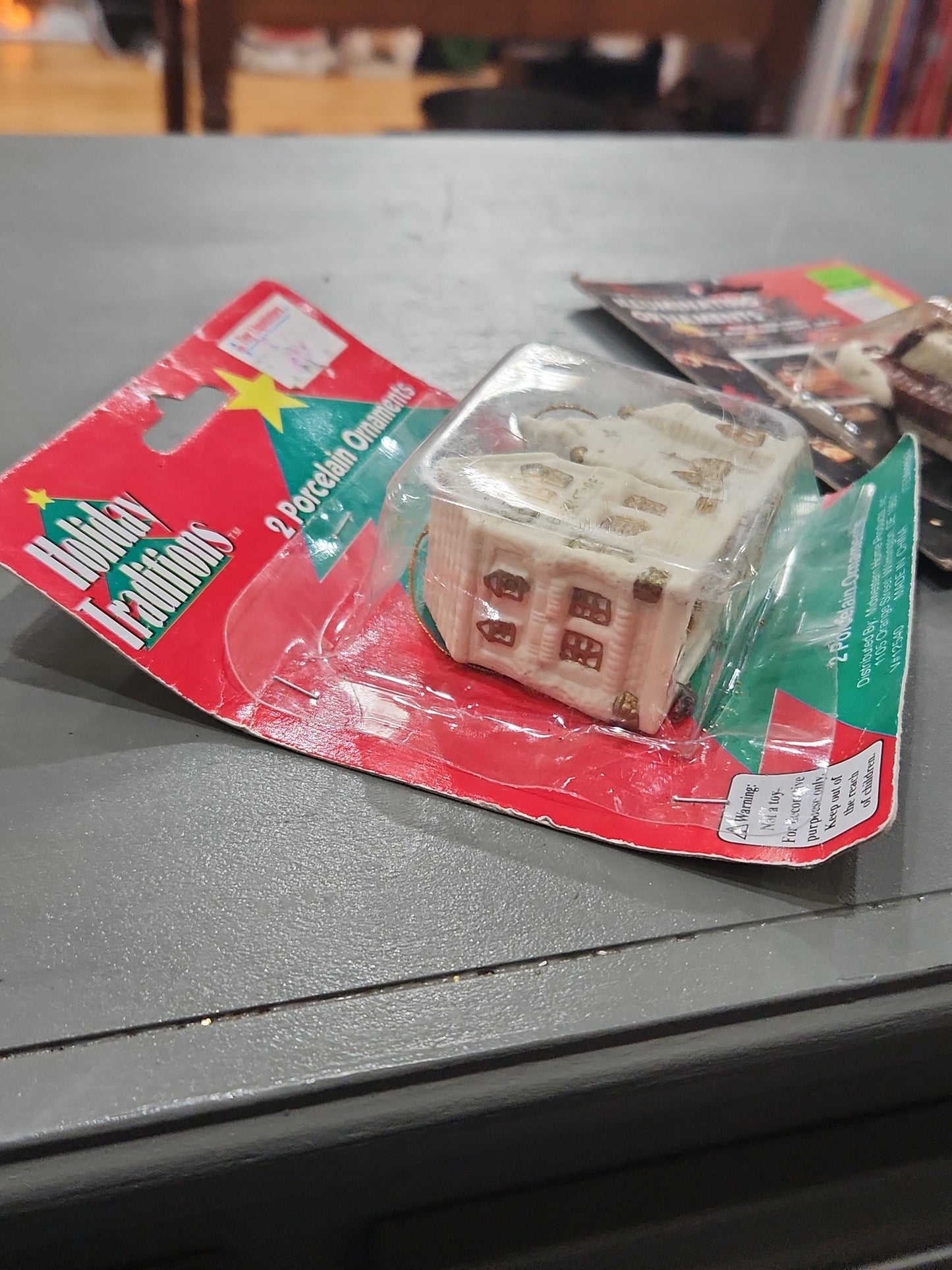 Vintage Holiday Traditions Porcelain House Christmas Ornaments set of 2 NIP and 1 NIP