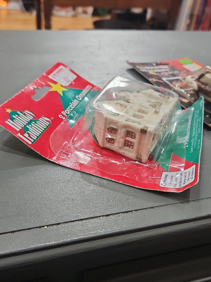 Vintage Holiday Traditions Porcelain House Christmas Ornaments set of 2 NIP and 1 NIP
