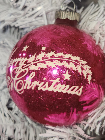 Vintage Shiny Brite Stenciled Merry Christmas Hot Pink Glass Ornament vo21