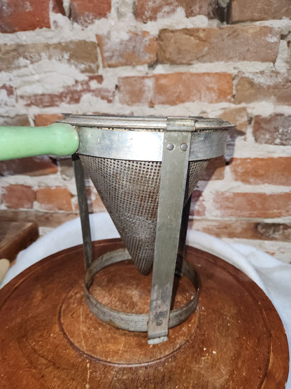 Vintage Cone Sieve Colander in stand Green Handle Patina kit719