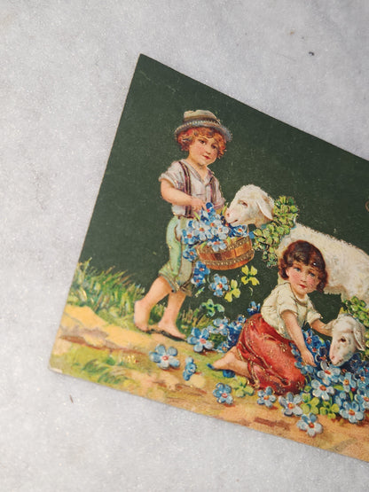Vintage Embossed Easter Postcard Children Lamb Flower Best Easter Wishes Made in Germany pc12