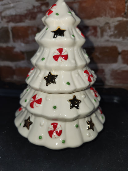New in Box Lenox Holiday Tree Treat Jar Peppermint And Stars 7" len58