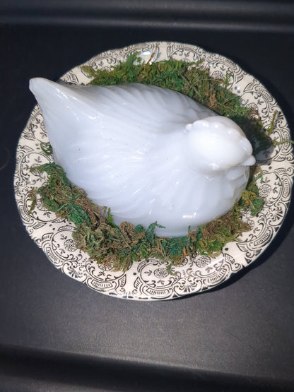 Hen on Nest on bowl hen only, no basket White Milk Glass Trinket or Candy Dish or salt cellar hon7