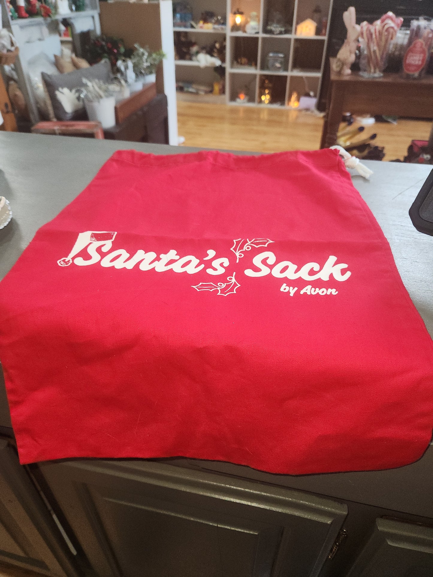 Vintage Christmas Avon Santa's Sack Gift Toy Bag Red Drawstring 19" x 14"  av12