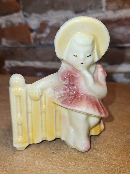 Vintage Pottery Planter Little Girl in Pink by a Fence Likely Shawnee Potter AS IS pl12