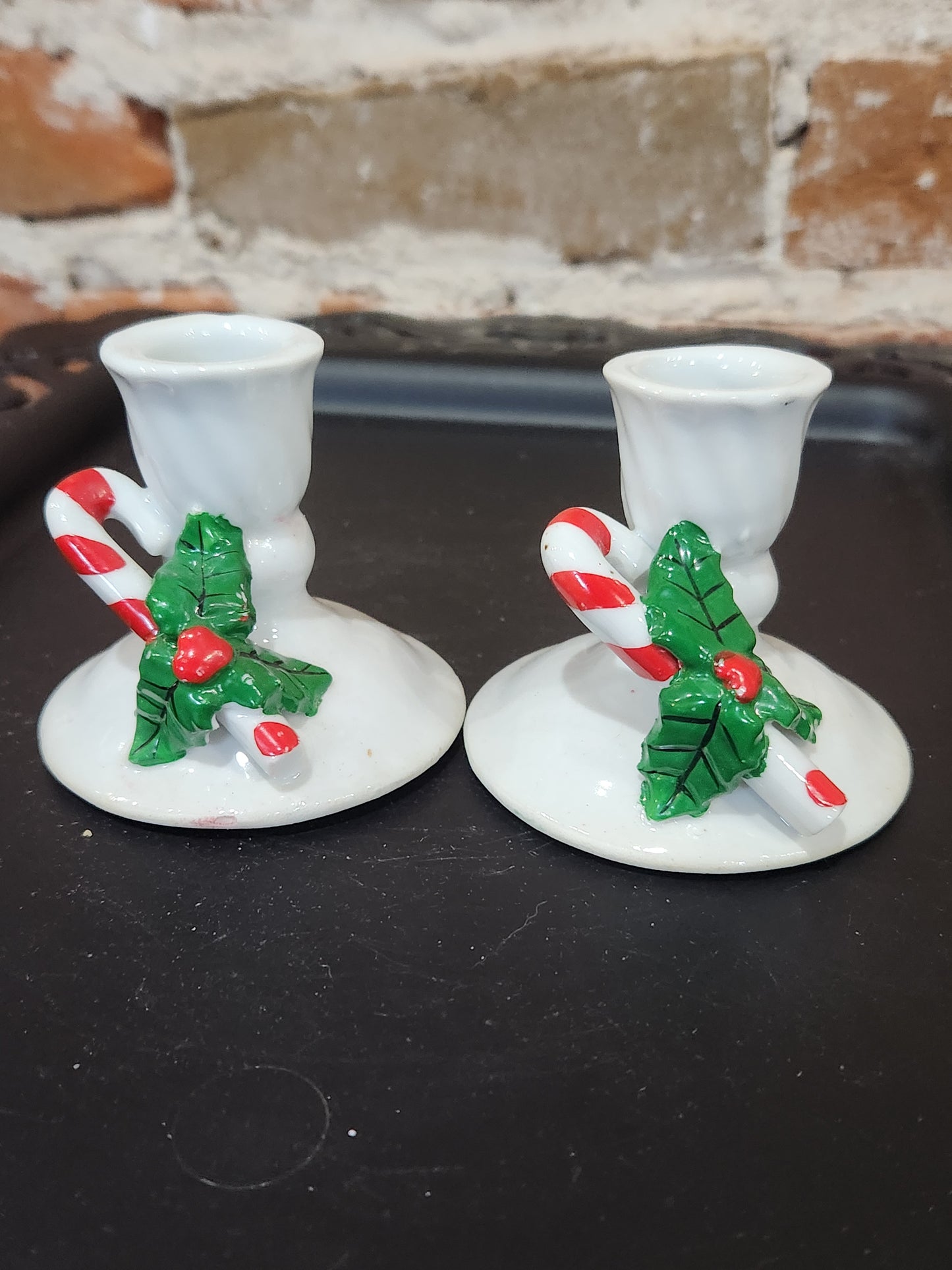 vintage ceramic candlesticks holders with candy canes. Ch3