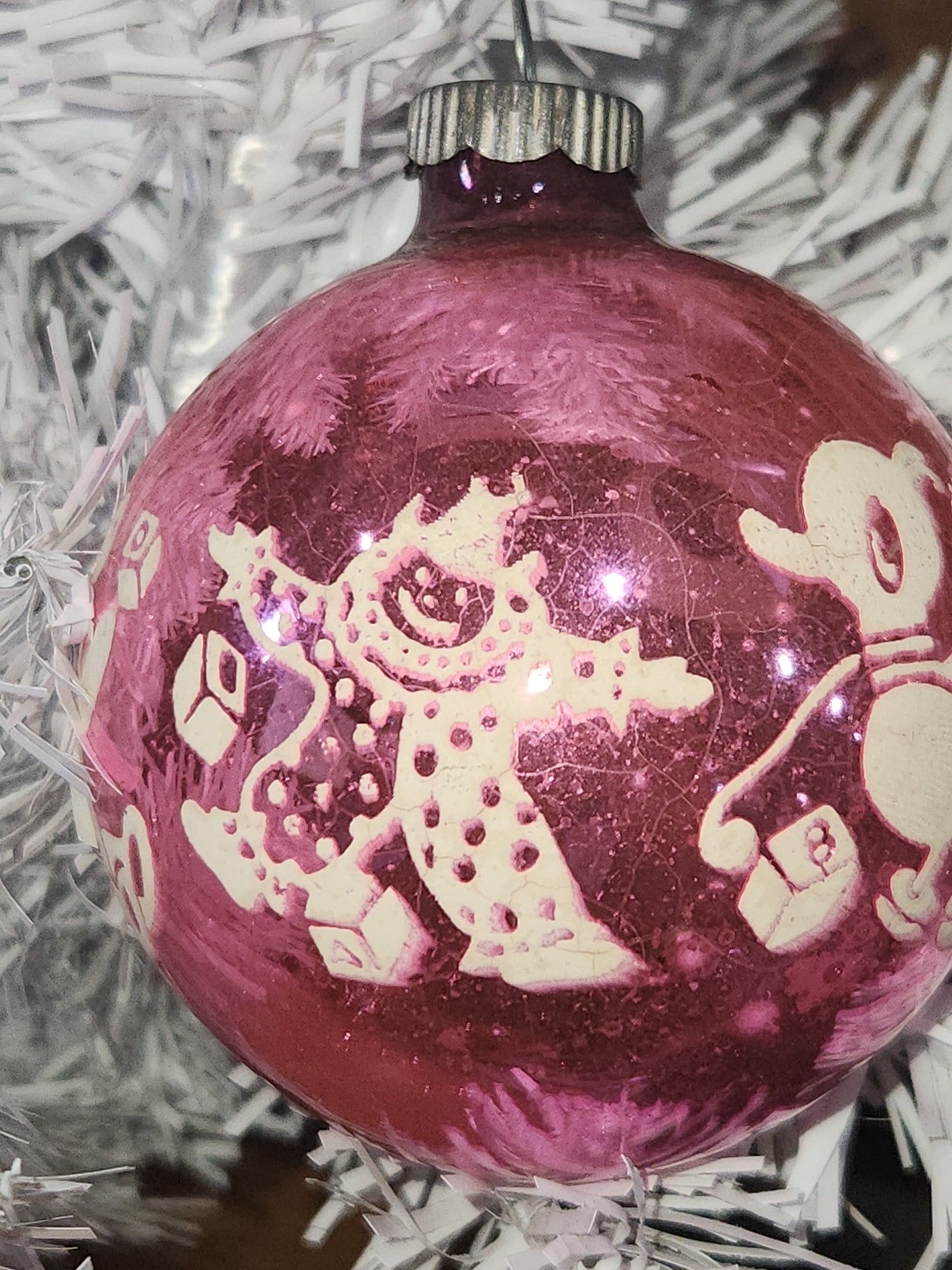 Vintage Shiny Brite Pink Christmas Ornament Stenciled Toy Bear Duck Toy Horse Clown Sailboat GLOWS vo26