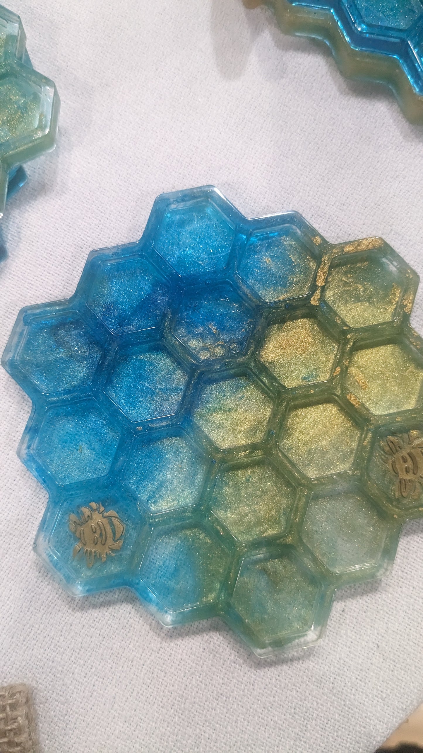 Coaster Set turquoise and gold honeycomb and Bee