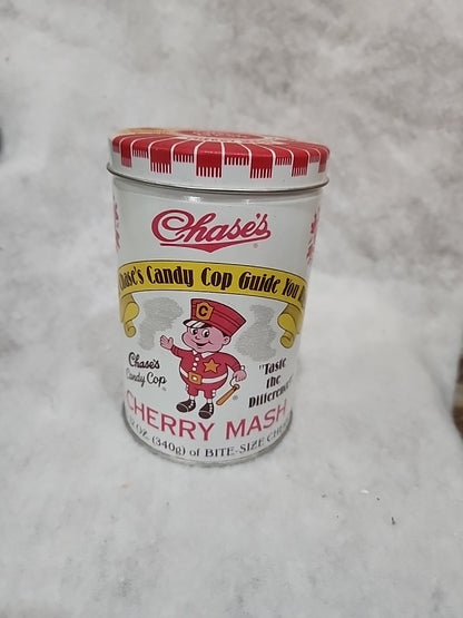 Vintage 1995 EMPTY tin Chase’s Cherry Mash 12 OZ.  Chase’s Candy Cop tin551