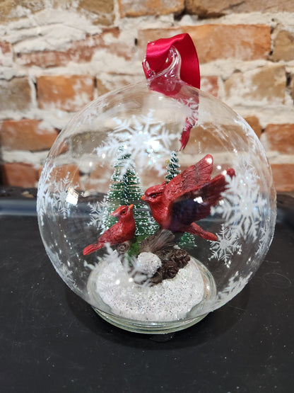 Large 5" Glass Ornament with cardinals and led light designed by Mark Feldstein len67