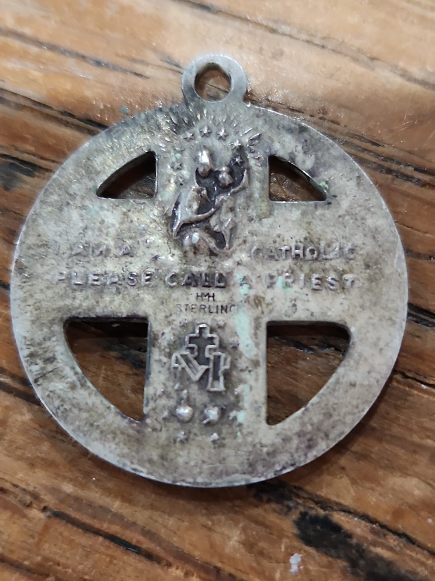 Vintage Sterling Silver Catholic 4 Way Cross Mary Jesus Medal Pendant cm71