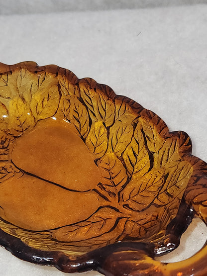 Vintage Oblong Amber Glass Pear & Leaves Serving Dish
